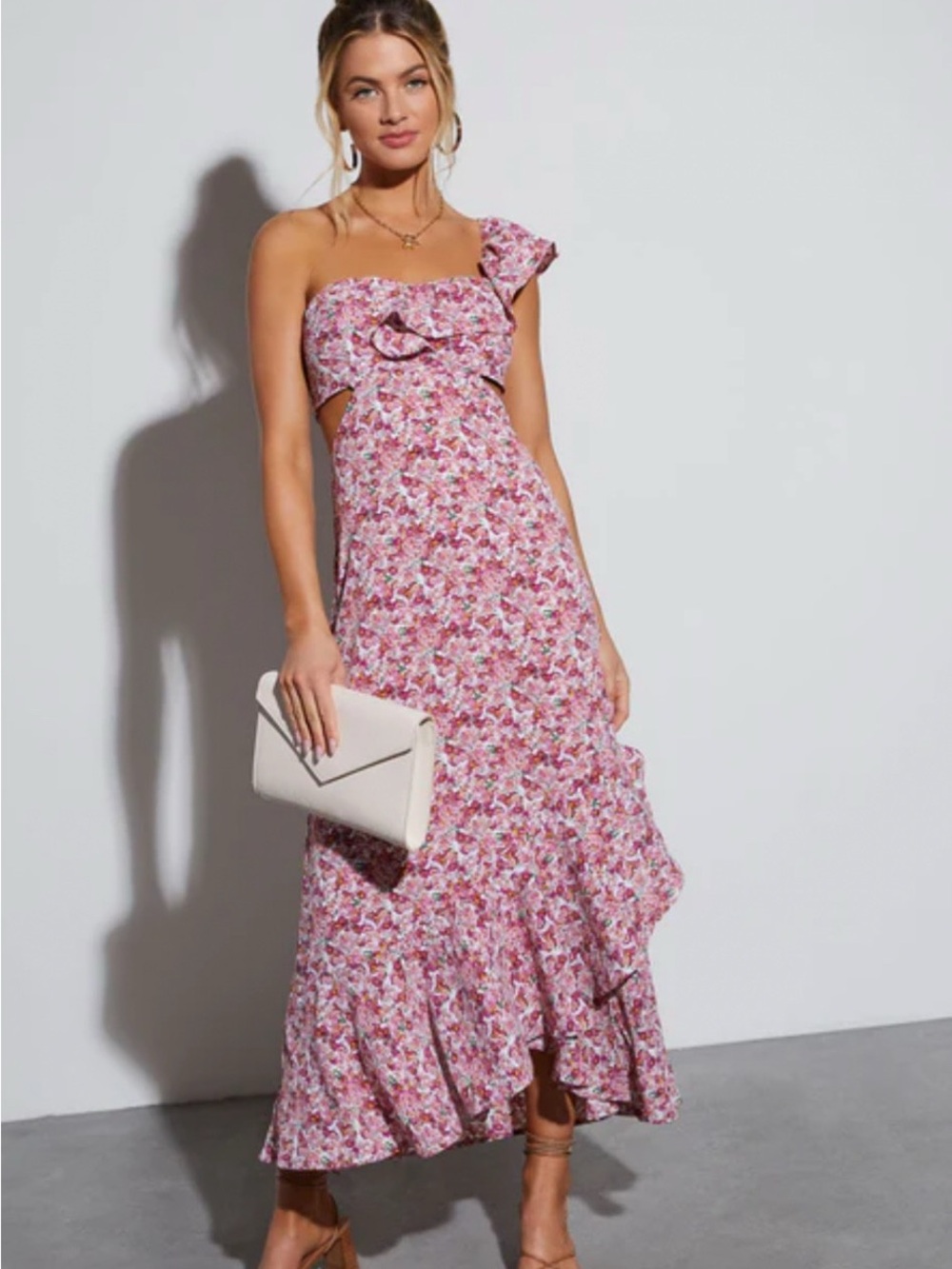 Vici Jolie One-Shoulder Ruffle Midi Dress